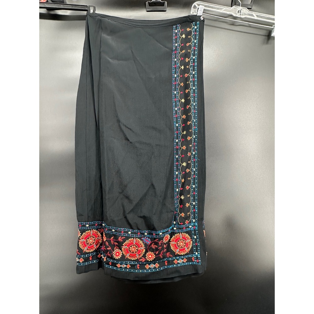 Vintage Chico's‎ Design Boho Embroidered Midi Wrap Skirt Black Festival Folk
